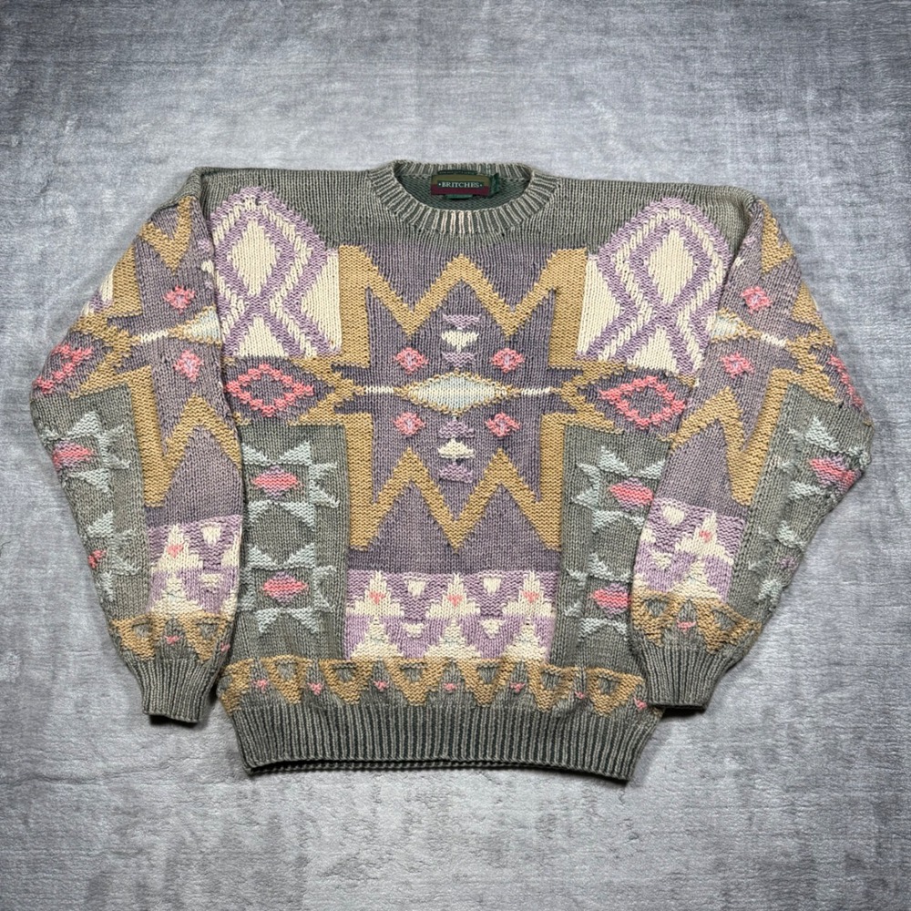 Britches Hand Knit Sweater Womens Large Green Geometric Aztec 90s Southwestern